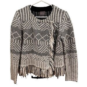 Anthropologie Leo & Sage Womens Sweater L Fringe Architecture Woven Blanket